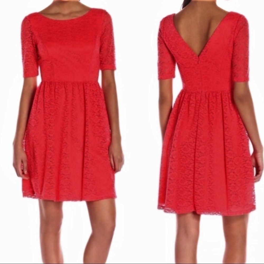 Jessica Simpson Lace Fit & Flare Sleeve Coral Bateau Neckline Summer Midi Dress